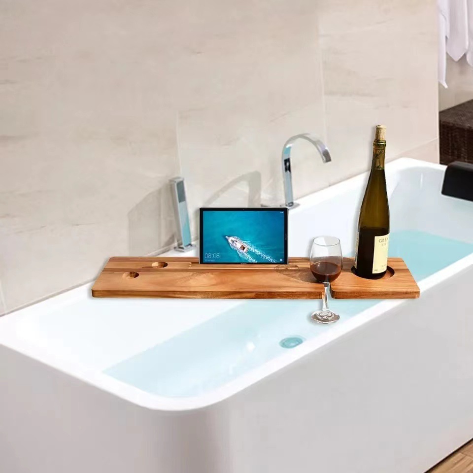 Bandeja de baño de bambú multifuncional bandeja de baño bandeja de baño con soporte para copas de vino y bandeja para teléfono móvil estante de baño de madera maciza