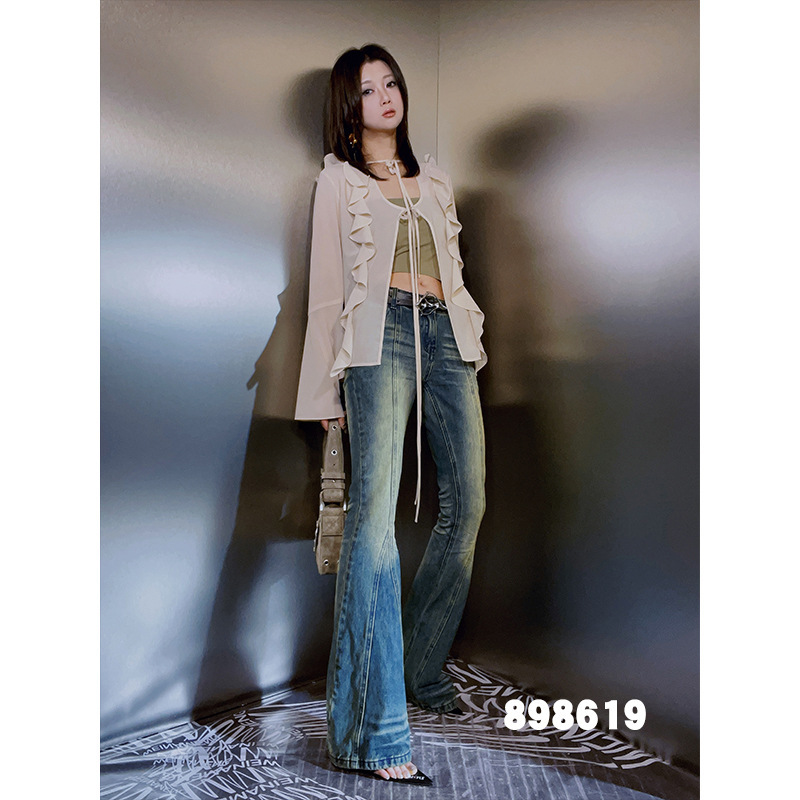 Designer Women's 90S Nostalgic Double Color Low Waist Flared Jeans