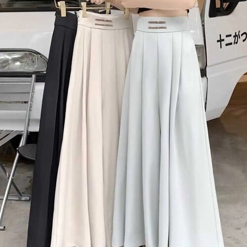 Summer and Autumn Ice Silk Chiffon Disc Button High-Waisted Pleated Trousers with Drop-Waist, Full-Length Skirt, Flowy Wide-Leg, and Waist-Slimming Design, Trendy