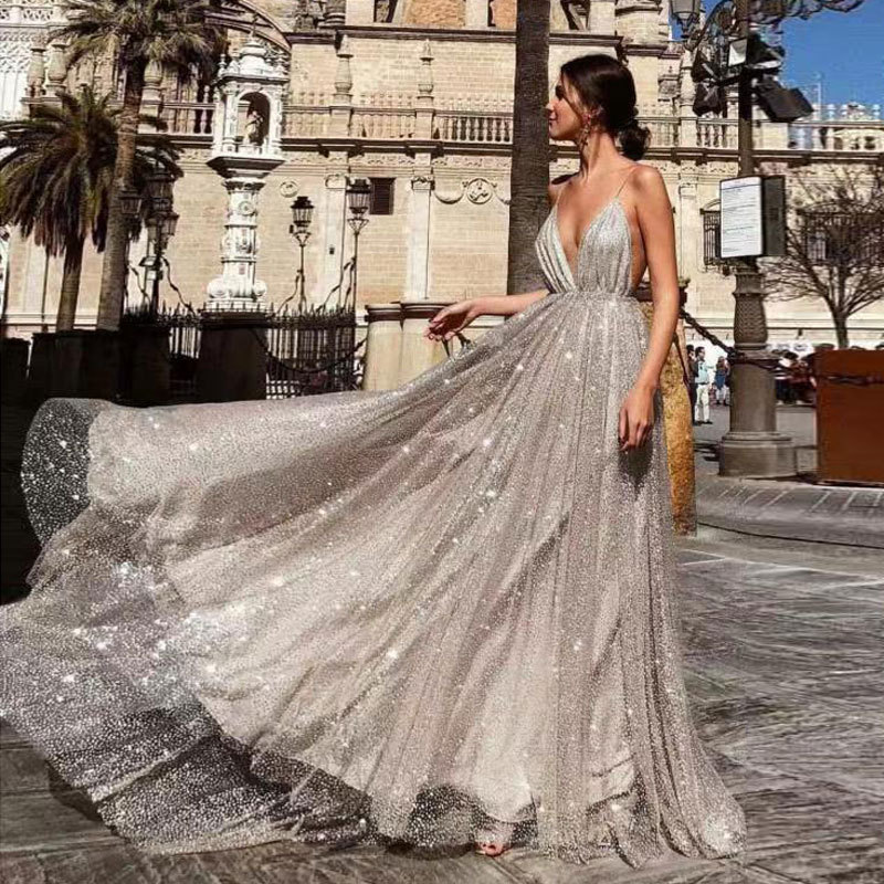 Europa y América del Comercio Exterior Amazon AliExpress deseo estación independiente nueva sexy con cuello en V Correa larga backless vestido de noche