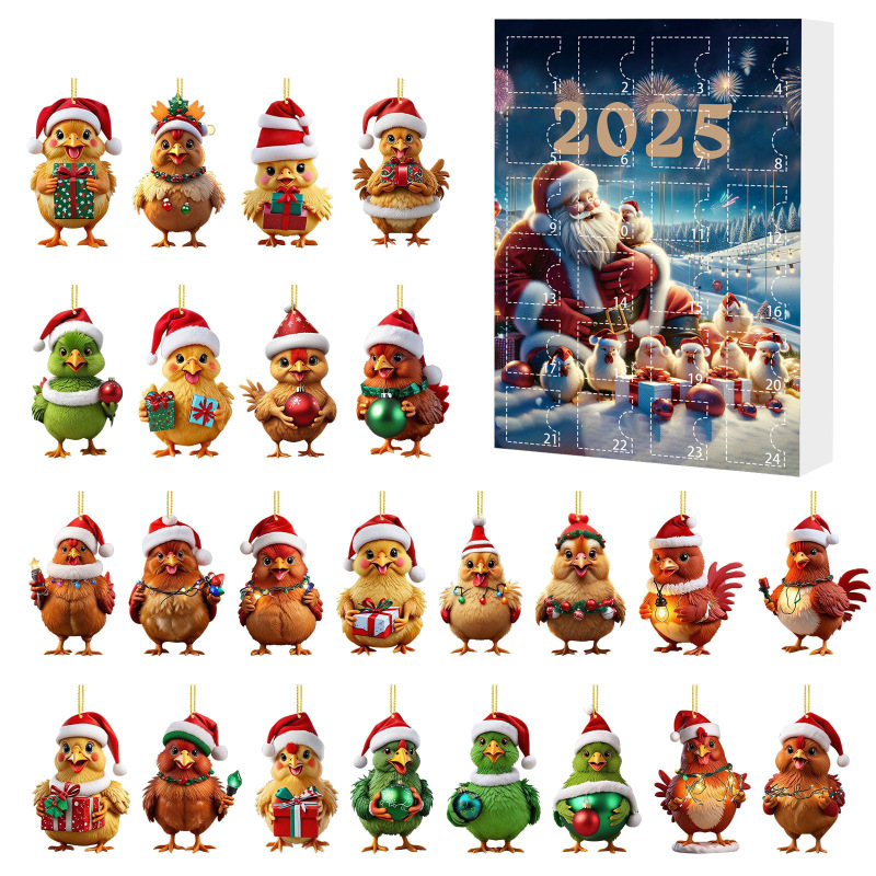 跨境2025圣诞倒计时日历盲盒 小鸡亚克力平面挂件圣诞树布置挂饰|undefined