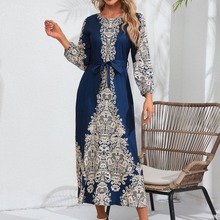 跨境实拍热卖爆款时尚数码印花长袖长款连衣裙