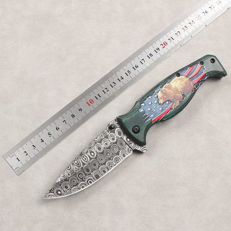 木柄大马士革激光纹户外折叠高硬度防身快递刀收藏刀便携折叠刀批