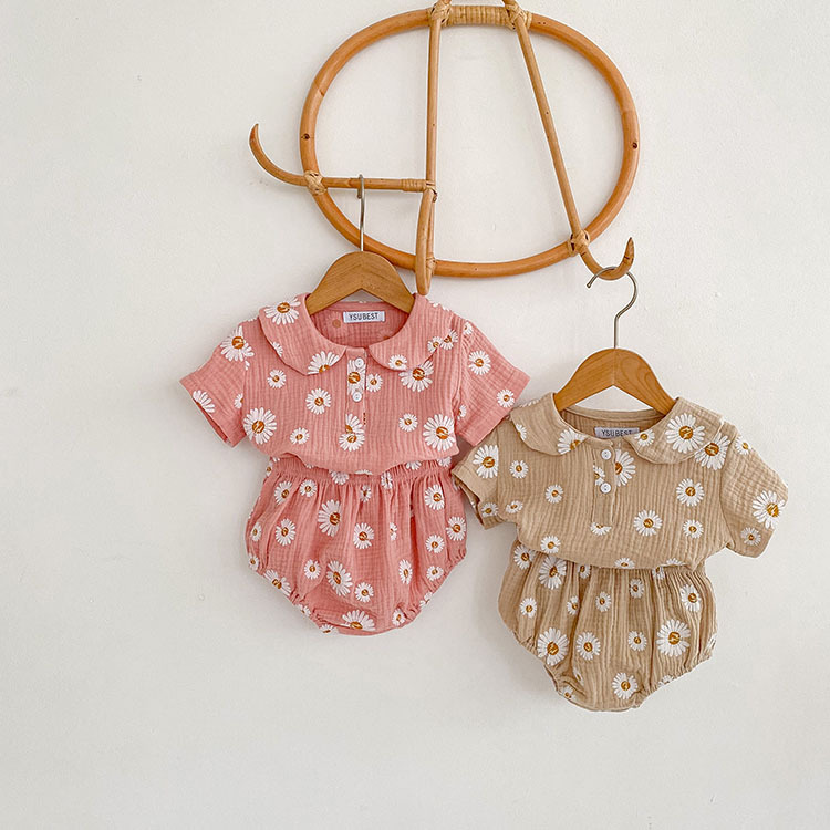 夏季女宝宝套装韩版小雏菊娃娃领短袖上衣+面包裤婴儿两件套
