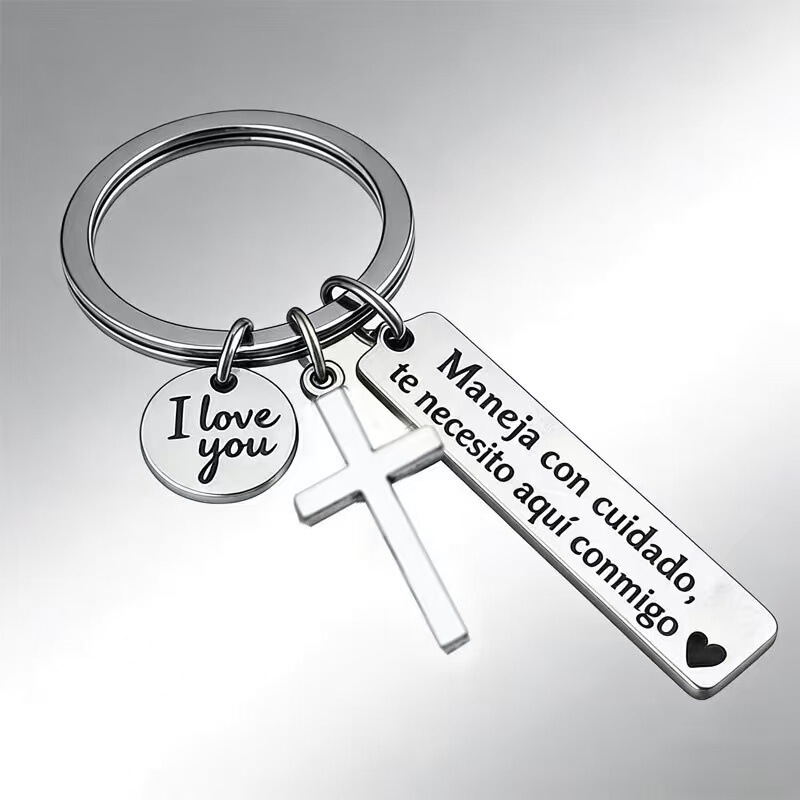 Stainless Steel Spanish Keychain Safety Reminder Cross Rectangular Car Pendant Cross Keychain Stainless Steel Spanish Keychain Safety Reminder Cross Rectangular Car Pendant Cross Keychain