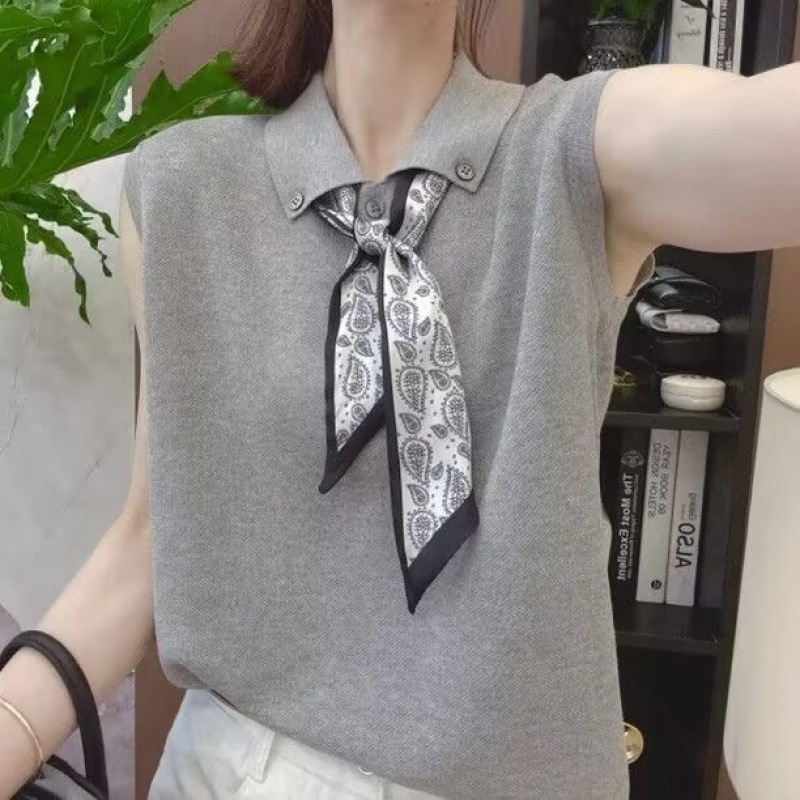 新款韩版百搭修身显瘦Polo领T恤女时尚翻领丝巾针织无袖背心上衣|undefined