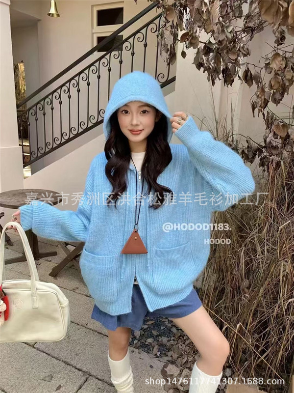 韩系纯色口袋连帽毛衣外套女秋冬新款慵懒风宽松百搭拉链针织开衫|undefined