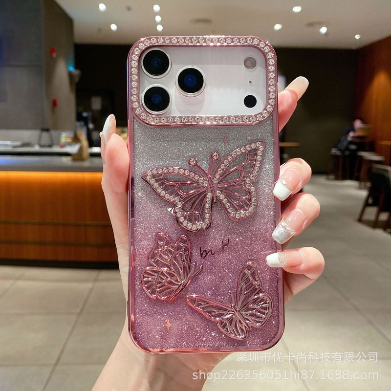 iPhone17promax電気メッキ携帯電話ケース立体バタフライフラッシュダイヤモンドApple 16グラデーショングリッター保護カバーに適しています。|undefined