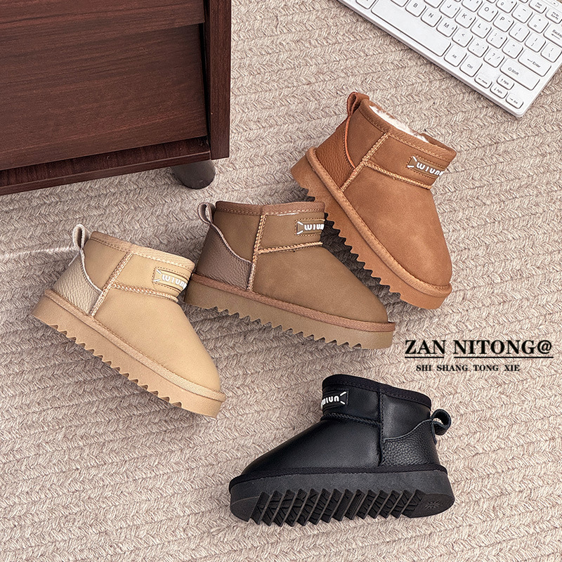 Children's Genuine Leather Waterproof Snow Boots 2025 Winter New Large Cotton Short Boots for Boys and Girls, Non-Slip, Wear-Resistant and Warm Shoes