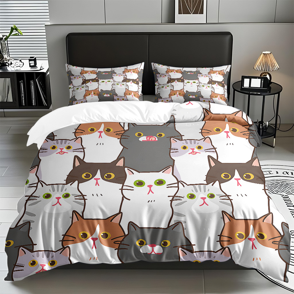 Transfronterizo textil doméstico molido caricatura gatito impresión digital suave permeable colcha colcha set fuente fábrica Temu / JIT