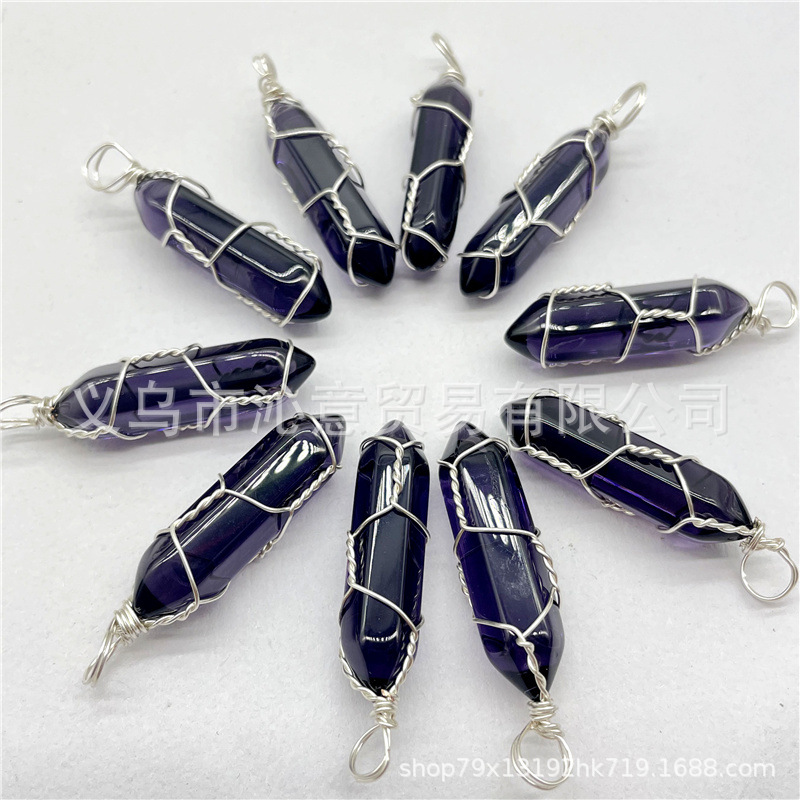 Comercio exterior caliente bobina hexagonal columna colgante collar de cristal natural hecho a mano de plata hilo bala joyería al por mayor