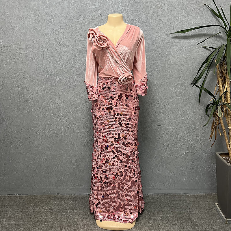 Damenbekleidung Mode schlanke Samt Pailletten Abendkleid Kleid_voghion.com