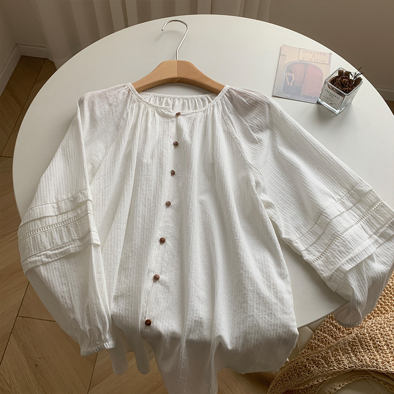 Simple and Atmospheric All-match Round Neck Large Sleeve Long-sleeved Shirt Women's High-end Light Luxury Age-reducing Foreign Style Doll Shirt Top