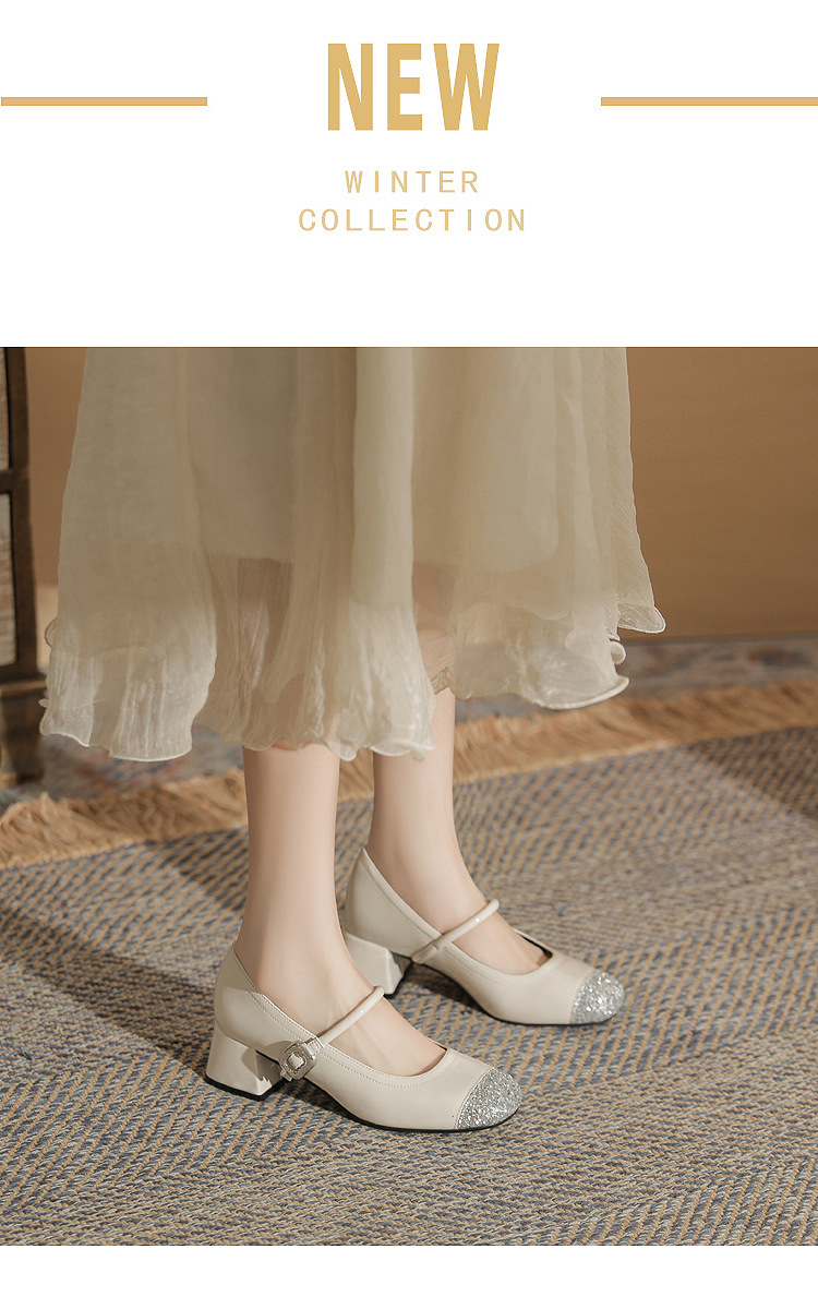 Giày Mary Jane nữ gót thô Jin Gang MY4506 da mùa xuân thu — Màu đen chi tiết 2