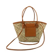 新款欧美外贸三菱草手提单肩斜跨两用托森包海边度假双拼草编包