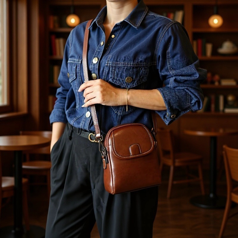 Genuine Leather Women's Bag 2024 New Fashion Shoulder Bag Trendy Women's Mobile Phone Bag Soft Leather All-match European and American Crossbody Bag