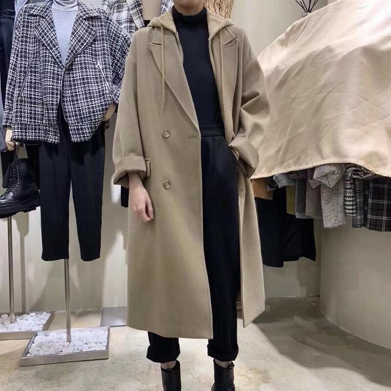 韩版2025秋冬长款连帽西装大衣假两件女休闲宽松时尚呢料加厚风衣|undefined