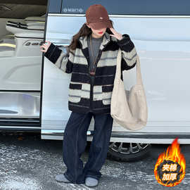 女童外套冬季2025新款儿童洋气夹棉加厚保暖条纹呢子大衣连帽风衣