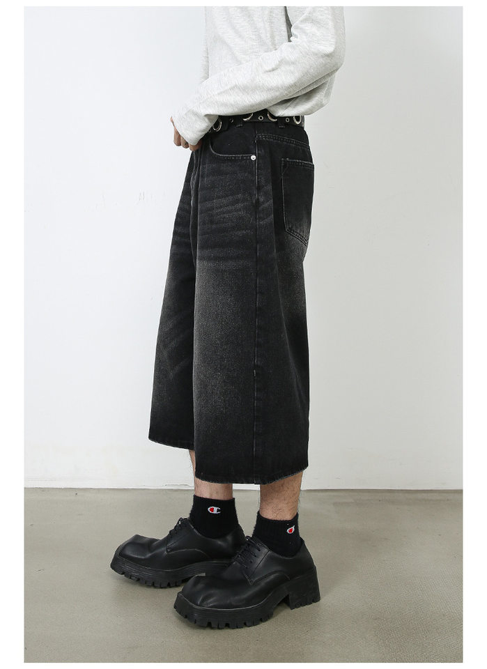 Quần jean nam ống rộng lửng 7/10 phong cách Hàn, lưng cao thoải mái — Làm cũ, Màu trắng, Màu xanh denim thô, Màu đen thô chi tiết 17