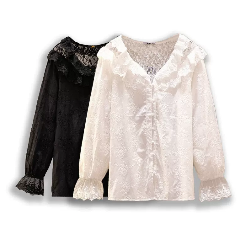 130-320斤加大码女装法式纯棉衬衫春秋款微胖妈妈刺绣网纱荷叶领