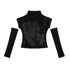 TKPA帶袖套熱辣美式復古短袖T恤女辣妹性感露臍顯瘦修身短款上衣