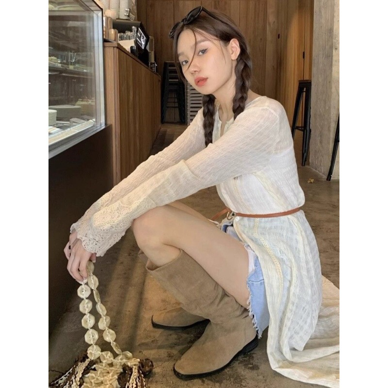 Beach Resort Style Sun Protection Cardigan with Summer New Thin Blouse Long Dress Hot Girl Fashion Hollow