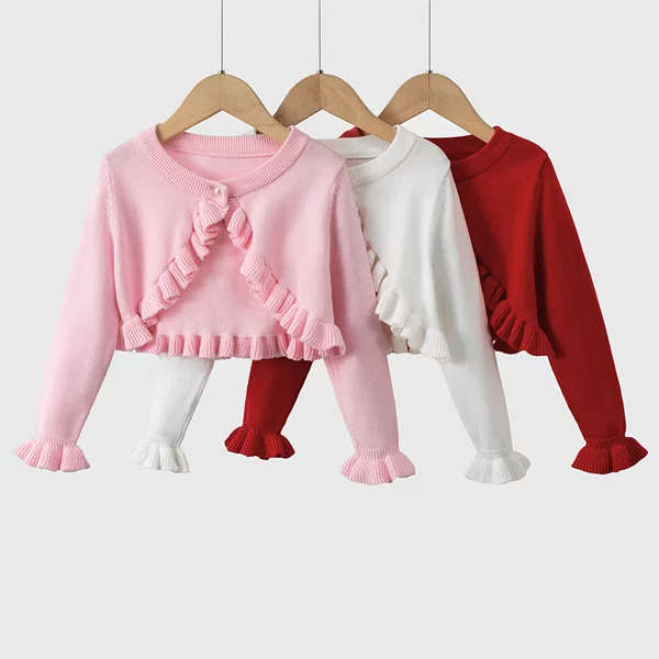 Spring and Summer New Children's Pure Cotton Thin Sweater Cardigan for Girls, Baby Air Conditioning Shirt, Long-Sleeve Ruffled Shawl Jacket