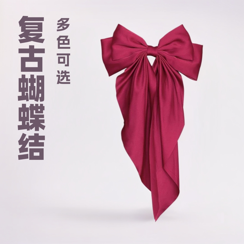 跨境发饰大号复古长飘带蝴蝶结发夹多色三角巾酒红色蝴蝶结弹簧夹