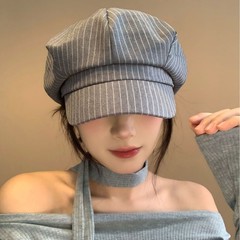 日系复古条纹大头围八角帽子女夏季薄款透气显脸小遮阳贝雷帽