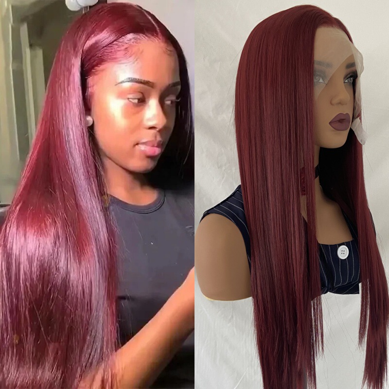 Africa Hot Wig wine red Long Straight Hair 13*4 Front Lace Chemical Fiber High Temperature Silk Wig Female Factory Outlet