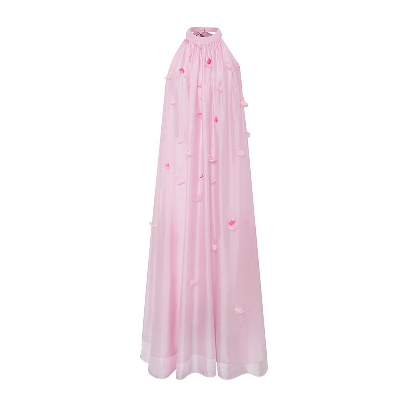 Colgar el cuello Fairy Qi túnica de la mañana 2026 nueva moda de niñas sin mangas pétalos rosa simple vestido de compromiso de moda