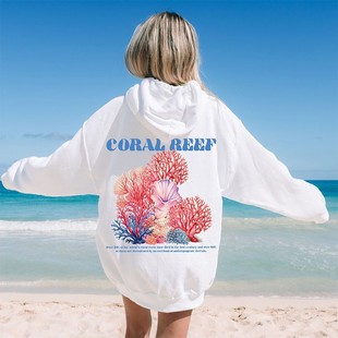 2024 European and American Drop Shoulder Hooded Sweatshirt Save the Ocean Sweatshirts Sweatshirt Threaded Drawstring Seaside Holiday Sweatshirt