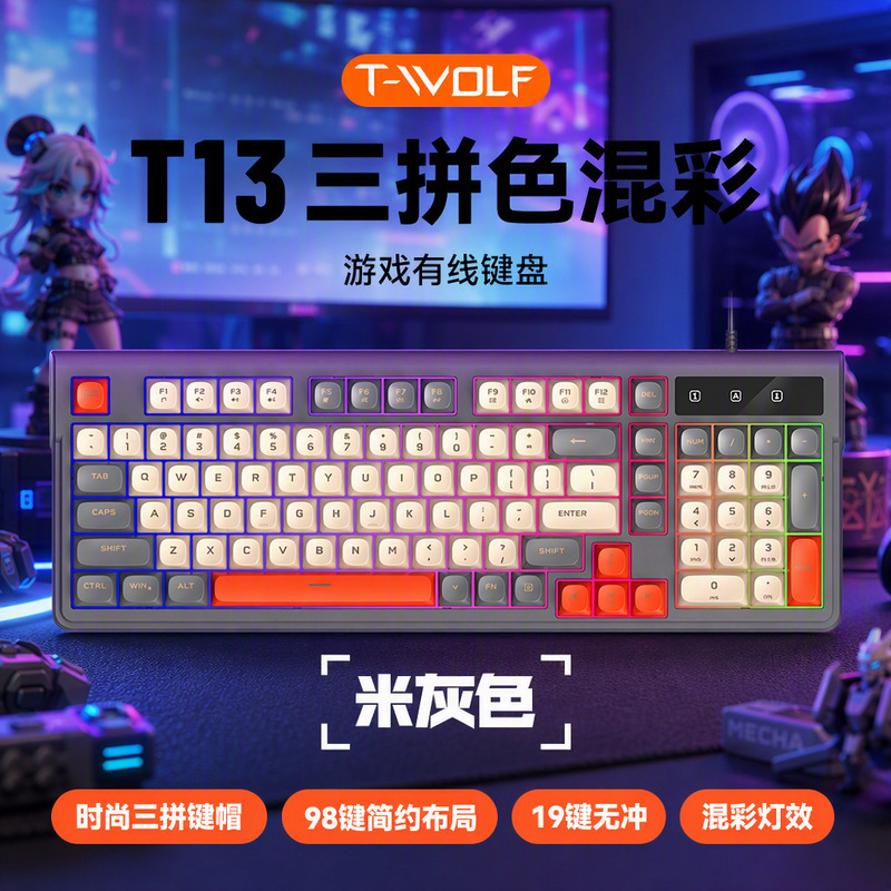 Thunderwolf T13 Customized Keyboard Game E-Sports Color Matching Rgb Luminous Compact Computer Keyboard 98 Keys