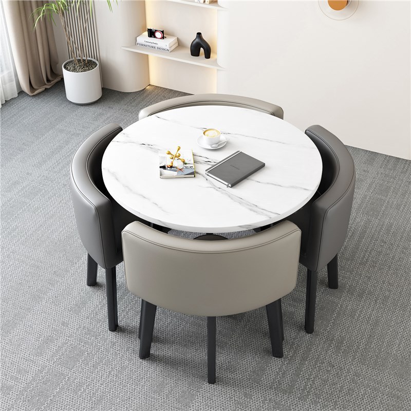 [Factory] 80 imitation white stone round table 2 light gray 2 gray leather chair…