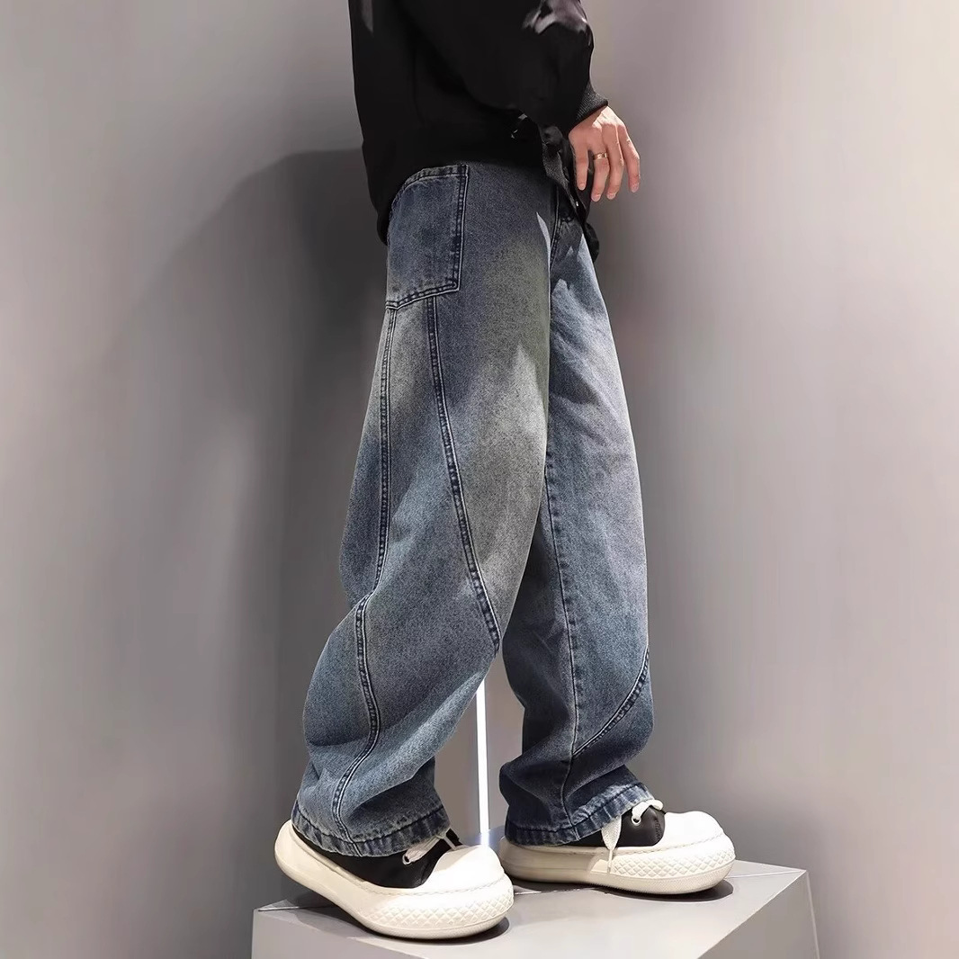 American Style High Street Design Sense Straight Jeans Men's Spring Autumn Summer Loose Wide Leg Boys Casual Long Pants in stock