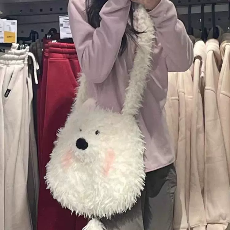 韩版休闲大容量包包女包2025新款可爱卡通小狗毛绒包时尚斜挎包