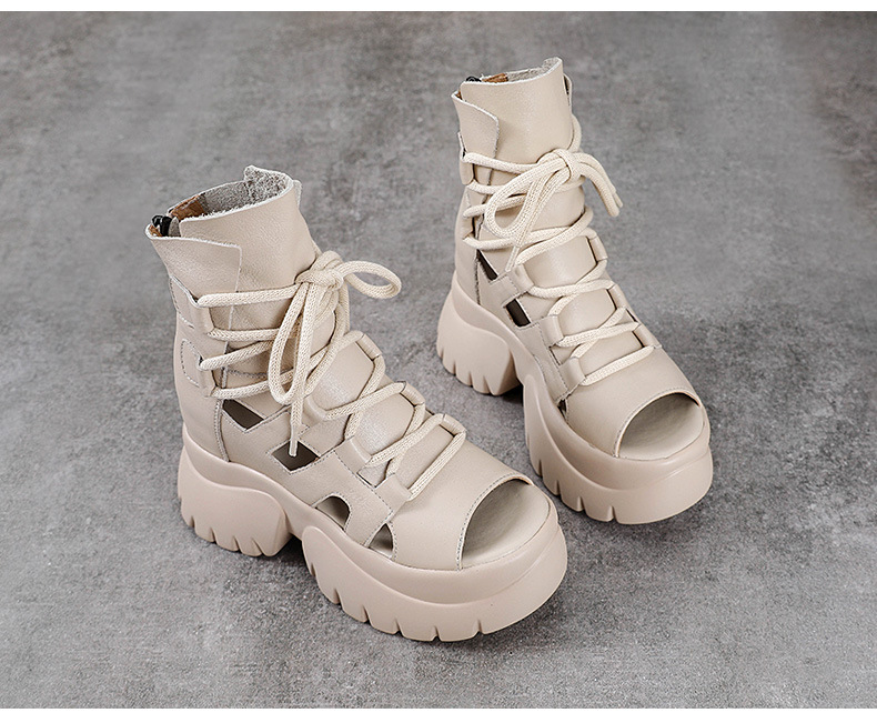 Boot nữ da bò cổ ngắn hở mũi đế cao kiểu La Mã — Màu đen chi tiết 13