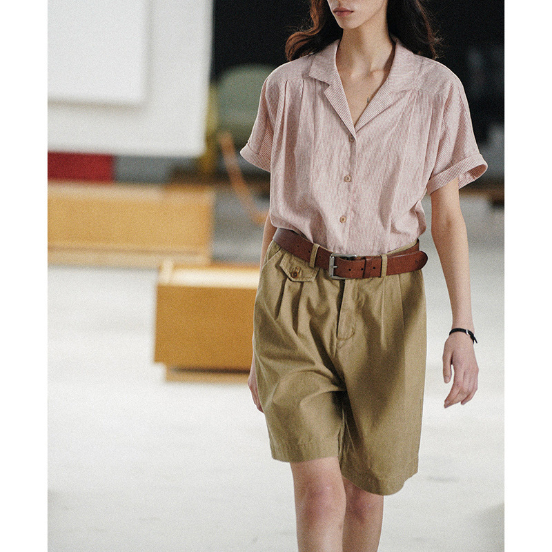 High-Density Organic Cotton Raglan Rolled Cuff Sleeves Cuban Collar Striped Short-Sleeve Shirt Top for Women 2026 Summer