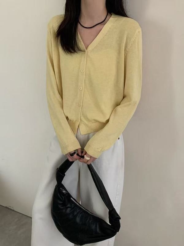 韩系V领毛针织开衫女早秋穿搭新款长袖显瘦休闲毛衣短款薄款上衣|undefined