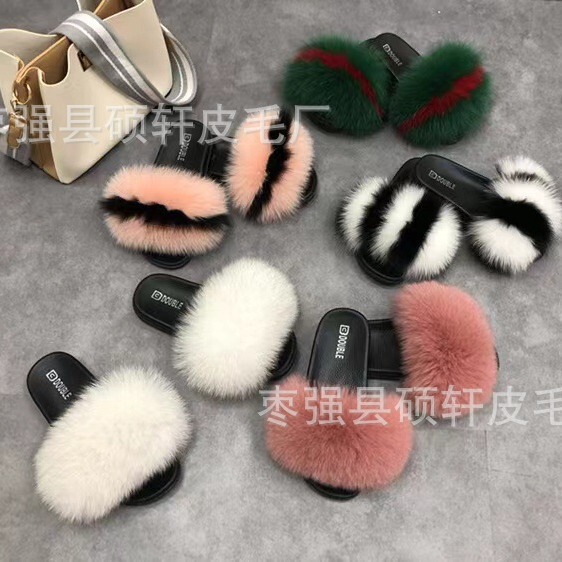 2024 Internet Celebrity New Fashion All-match Real Fur Fox Fur Slippers Women's Shoes Flat Fur Fur Hair Sandals