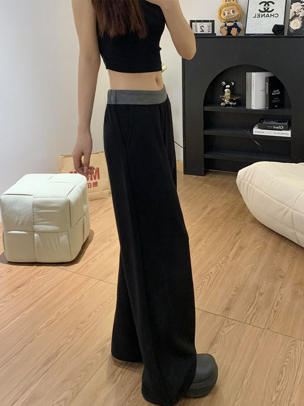 黑色拼接休闲运动裤女秋季2025新款高腰宽松显瘦直筒阔腿拖地裤子|undefined