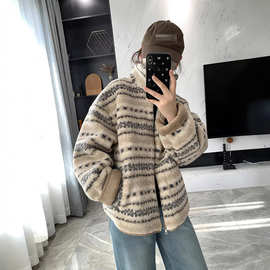 私服名媛费尔岛羊羔毛拉链外套2025冬季新款加厚保暖宽松棉衣跨境