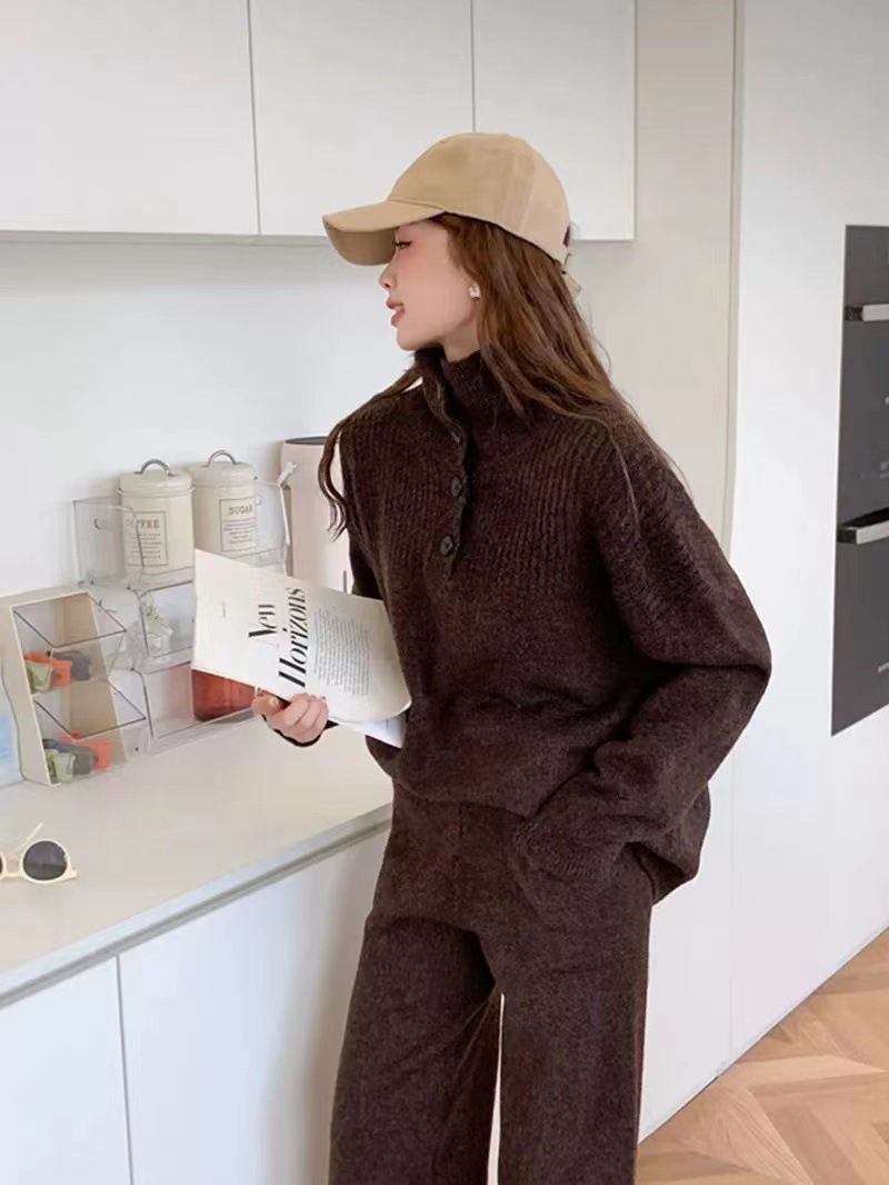 Herbst und Winter neuer Anzug lässiger Pullover Polokragen Strickpullover weite Beinhose zweiteiliges Set für Damen_voghion.com