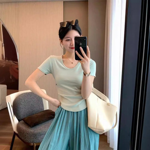 [C1007] New Asymmetrical Pleated Design U-Neck Bottoming T-Shirt for Women Summer Pure Color Ribbed Short-Sleeved Waist