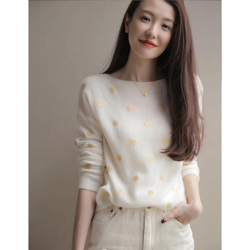 Wave Dot Sequin One-character Collar Cashmere Knitted Sweater 2022 Spring and Autumn New Temperament Gentle Wind Loose Outer Wear Top Wave Dot Sequin One-character Collar Cashmere Knitted Sweater 2022 Spring and Autumn New Temperament Gentle Wind Loose Outer Wear Top