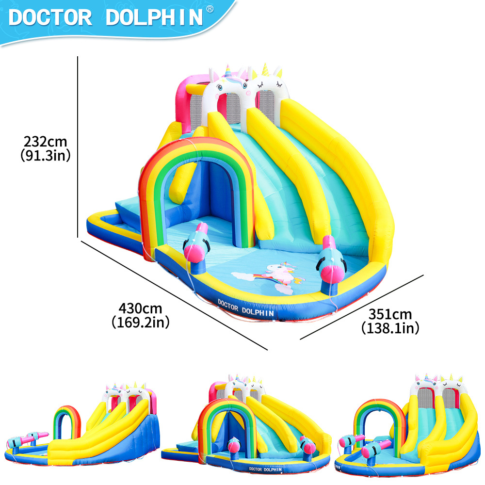 Doctor Delfín | Castillo inflable familiar para interiores con rociador de agua y tobogán doble, mini trampolín doméstico antideslizante