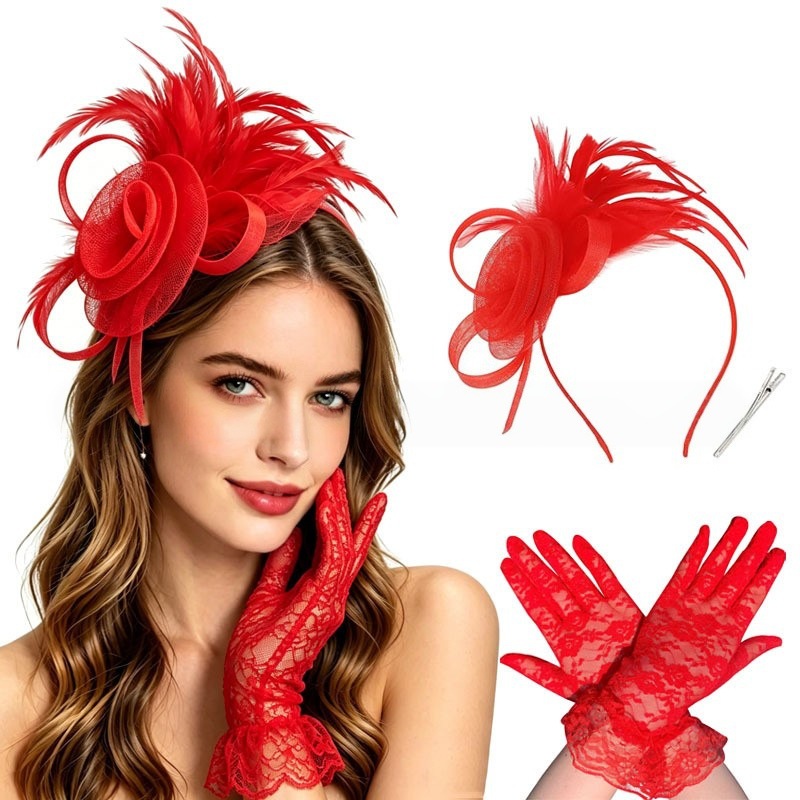 Amazon Mesh Feather Headpiece and Glove Set for Brides, Vintage Wedding Headwear, Horse Racing Hat, Headpiece, Head Flower for Women