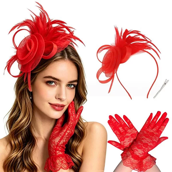 Amazon Mesh Feather Headpiece and Glove Set for Brides, Vintage Wedding Headwear, Horse Racing Hat, Headpiece, Head Flower for Women