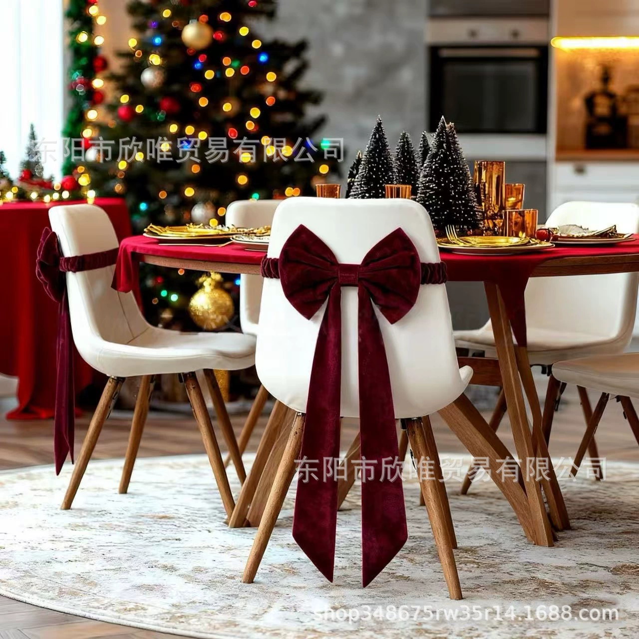 跨境Christmas Red Chair Bows for Chairs圣诞酒红色椅套蝴蝶结
