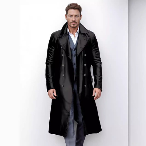 Foreign Trade Spring Autumn Men's PU Leather Coat European and American Plus Size Medium Long Length Leather Windbreaker Double Breasted Leather Jacket German Military Style